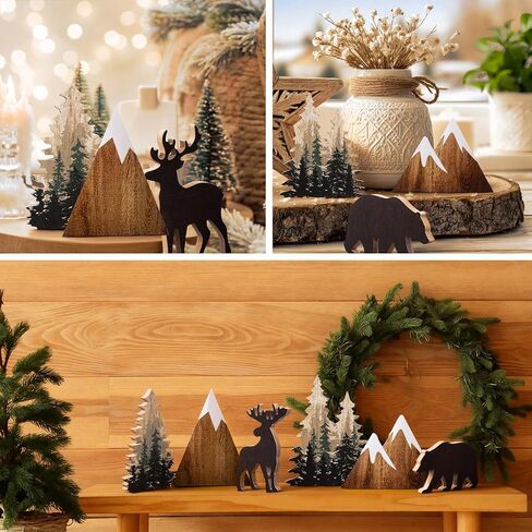 DoubleFill 10 Pcs Cabin Shelf Decor Wooden Forest Animals Bear Mountain Pine Tree Sign Rustic Woodland Decor for Cabin Farmhouse Table Centerpiece Home Office Decoration in Saudi Arabia