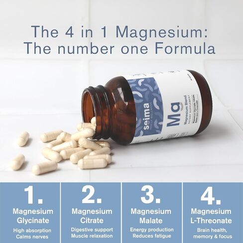 SEIMA - 4-in-1 Magnesium Complex – 1200 mg with Glycinate, Citrate, L-Threonate and Malate – Sleep, Stress Relief, Muscle Recovery, Energy and Well-Being for Women and Men, 90 Capsules in Saudi Arabia