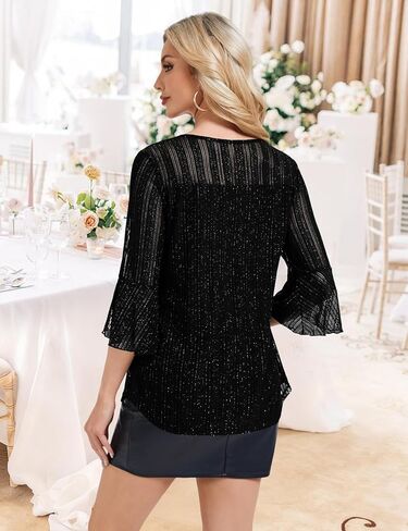 HANERDUN Women's Ruffle 3/4 Sleeve Dressy Blouses Double Layers Blouses Crew Neck Fashion Tunic Tops in Saudi Arabia