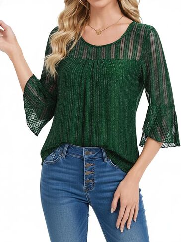 HANERDUN Women's Ruffle 3/4 Sleeve Dressy Blouses Double Layers Blouses Crew Neck Fashion Tunic Tops in Saudi Arabia