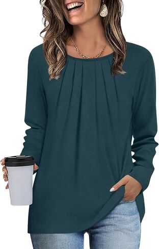 سترة نسائية طويلة الأكمام من Findsweet، قمصان كاجوال أنيقة ذات ثنيات ورقبة دائرية، عصرية in Kuwait