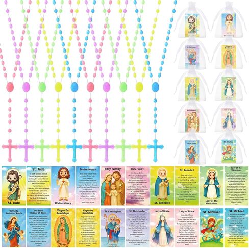 Cunno 30 Pack Catholic Religious Gifts Set Include Holy Prayer Cards Saints Prayer Bead Necklace Cross Rosary Necklace Bulk and Organza Bags for First Communion Baptism Catholic Schools Week Gift in Saudi Arabia
