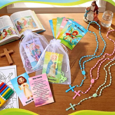 Cunno 30 Pack Catholic Religious Gifts Set Include Holy Prayer Cards Saints Prayer Bead Necklace Cross Rosary Necklace Bulk and Organza Bags for First Communion Baptism Catholic Schools Week Gift in Saudi Arabia