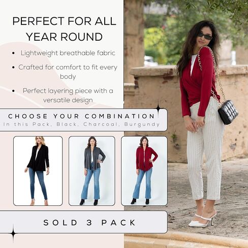 Azules 3 Pack Long Sleeve Open Front Cardigan for Women – Lightweight Rayon Sweater, Soft Flowy Layer for Casual Outfits in Saudi Arabia