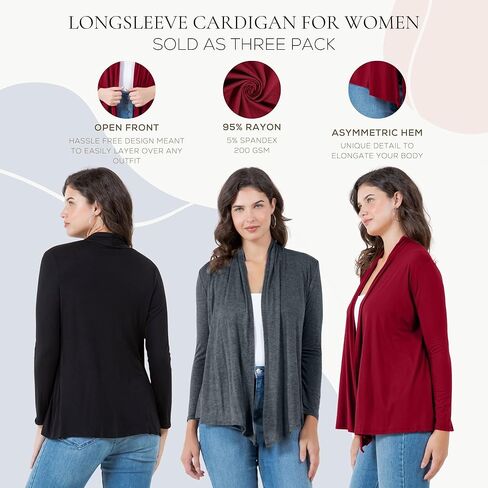 Azules 3 Pack Long Sleeve Open Front Cardigan for Women – Lightweight Rayon Sweater, Soft Flowy Layer for Casual Outfits in Saudi Arabia