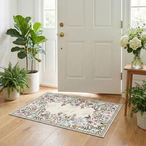 Floral 5x7 Green Area Rug Machine Washable Soft Print Boho Carpet Non Slip Rugs Low Pile Flower Area Rugs for Living Room Bedroom Nursery Kitchen Dining Room Indoor-Green in Saudi Arabia