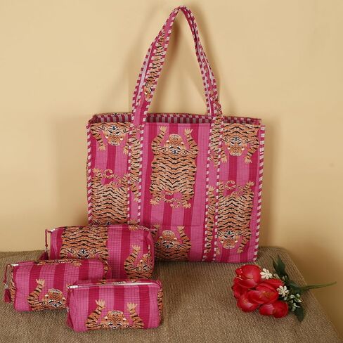 Marubhumi 4 Pcs set of Women Lightweight Travel Bag with Matching Pouches Purse Cotton Shoulder Tote Bag in Saudi Arabia