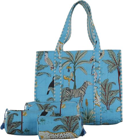 Marubhumi 4 Pcs set of Women Lightweight Travel Bag with Matching Pouches Purse Cotton Shoulder Tote Bag in Saudi Arabia