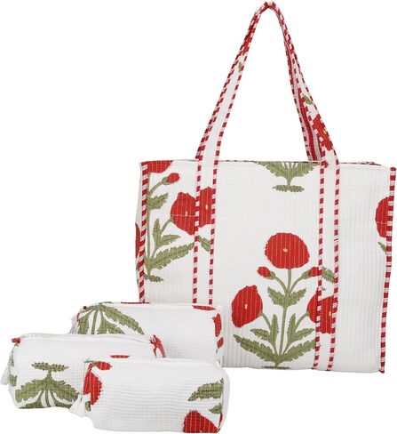 Marubhumi 4 Pcs set of Women Lightweight Travel Bag with Matching Pouches Purse Cotton Shoulder Tote Bag in Saudi Arabia
