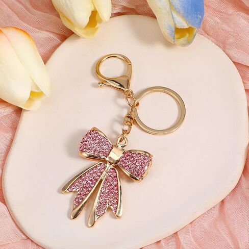 Sorcristy Sparkly Gold Bow Keychain for Backpacks, Pink/Beige Rhinestone Keychains, Bag Charms, Women Y2K Cute Bows Keychain in Saudi Arabia