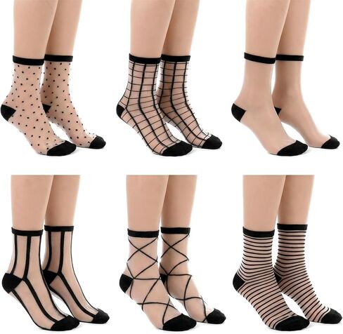 APLZGMG 6 Pairs Sheer Socks for Women Girls, Black Ankle High Lace Socks Fishnet, Thin Sheer Ankle Sock, Stocking Sock with Polka Dot, Striped, Plaid Patterns in Saudi Arabia