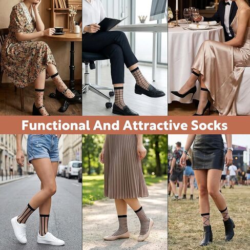 APLZGMG 6 Pairs Sheer Socks for Women Girls, Black Ankle High Lace Socks Fishnet, Thin Sheer Ankle Sock, Stocking Sock with Polka Dot, Striped, Plaid Patterns in Saudi Arabia