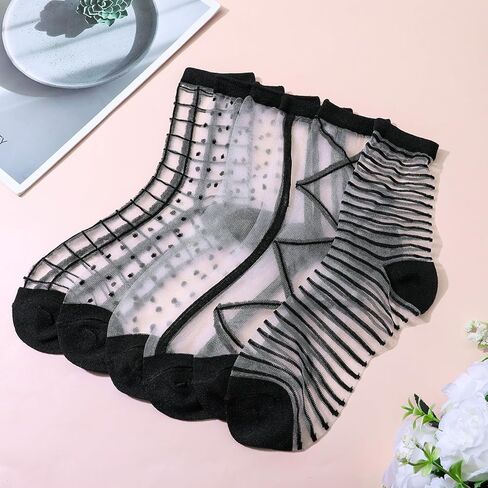 APLZGMG 6 Pairs Sheer Socks for Women Girls, Black Ankle High Lace Socks Fishnet, Thin Sheer Ankle Sock, Stocking Sock with Polka Dot, Striped, Plaid Patterns in Saudi Arabia