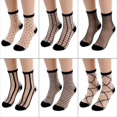APLZGMG 6 Pairs Sheer Socks for Women Girls, Black Ankle High Lace Socks Fishnet, Thin Sheer Ankle Sock, Stocking Sock with Polka Dot, Striped, Plaid Patterns in Saudi Arabia