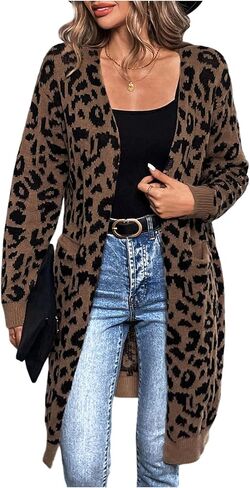 OYOANGLE Women's Cheetah Print Long Cardigan Leopard Long Open Front Knit Sweater Outerwear with Pocket in Saudi Arabia