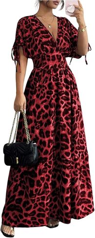 OYOANGLE Women's Summer Casual Bohemian Leopard Print Short Sleeve V Neck Cheetah Long Maxi Dress in Saudi Arabia