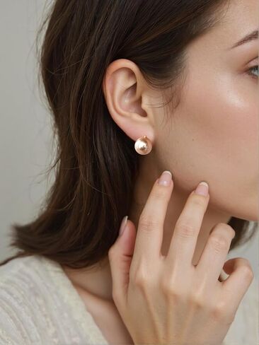 WyannSt. Pearl Huggie Earrings for Women - 14K Gold Plated Dainty Pearl Earrings - Champagne Gold Jewelry For Women in Saudi Arabia