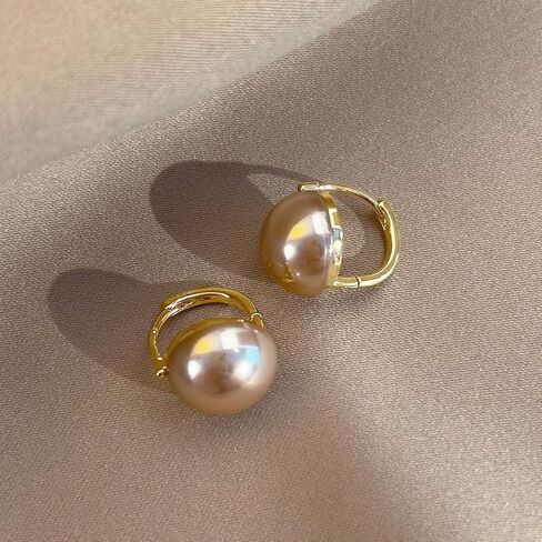 WyannSt. Pearl Huggie Earrings for Women - 14K Gold Plated Dainty Pearl Earrings - Champagne Gold Jewelry For Women in Saudi Arabia