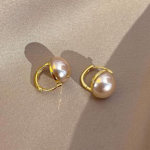 WyannSt. Pearl Huggie Earrings for Women - 14K Gold Plated Dainty Pearl Earrings - Champagne Gold Jewelry For Women in Saudi Arabia
