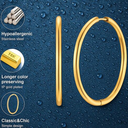 18K Gold Plated Hoop Earrings for Women, Waterproof Stainless Steel Huggie Hoops, Hypoallergenic Lightweight Everyday Minimalist Earring in Saudi Arabia