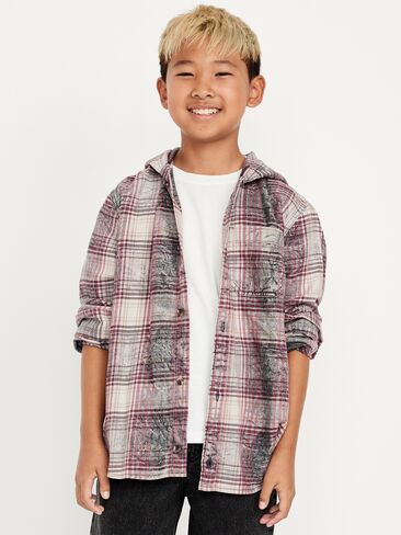 قميص فلانيل مغسول بأكمام طويلة منقوش بغطاء رأس للأولاد من Old Navy - عنابي منقوش in Kuwait