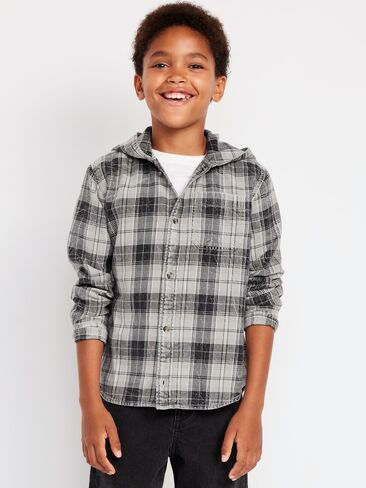 Old Navy Long-Sleeve Plaid Washed Flannel Hooded Shirt for Boys - Black Plaid in Saudi Arabia