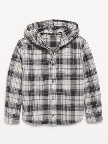 Old Navy Long-Sleeve Plaid Washed Flannel Hooded Shirt for Boys - Black Plaid in Saudi Arabia