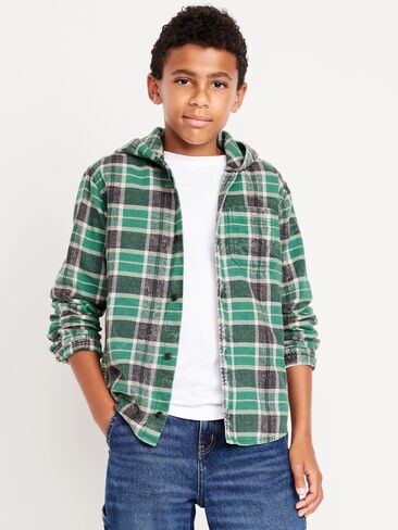Old Navy Long-Sleeve Plaid Washed Flannel Hooded Shirt for Boys - Green Plaid in Saudi Arabia