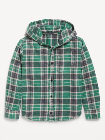 Old Navy Long-Sleeve Plaid Washed Flannel Hooded Shirt for Boys - Green Plaid in Saudi Arabia
