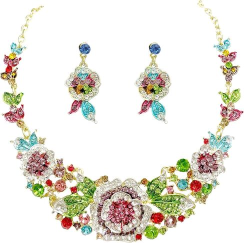 MMonesu Crystal Flower Bib Statement Necklace Set Chunky Flower Statement Necklace & Earrings Drama Bib Collar Jewelry Set for Women Prom Party Jewelry in Saudi Arabia