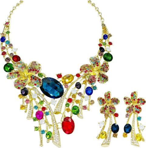 MMonesu Crystal Flower Bib Statement Necklace Set Chunky Flower Statement Necklace & Earrings Drama Bib Collar Jewelry Set for Women Prom Party Jewelry in Saudi Arabia