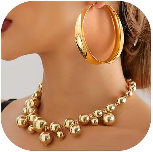 Rrdaily Gold Jewelry Sets for Women, 14K Gold Plated Statement Necklace and Chunky Large Hoop Earrings Prom Party Costume Accessories in Saudi Arabia