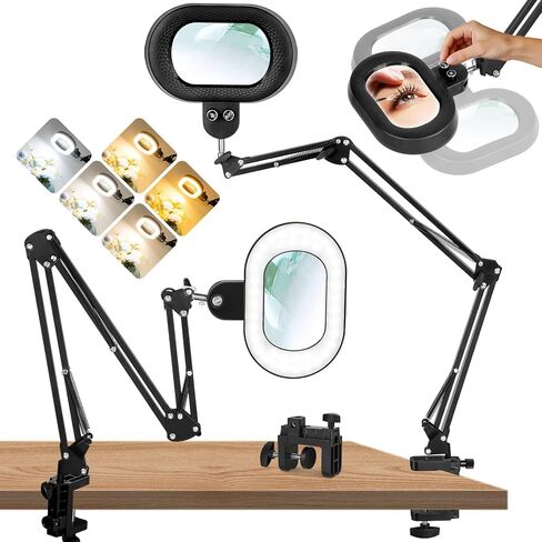 12X Magnifying Glass with Light, Ultra Long 3 Section Swing Arm LED Desk Lamp with Large Clamp, 5 Color and Brightness Hands Free Magnifier Light and Stand for Workbench Crafts Reading Painting in Kuwait