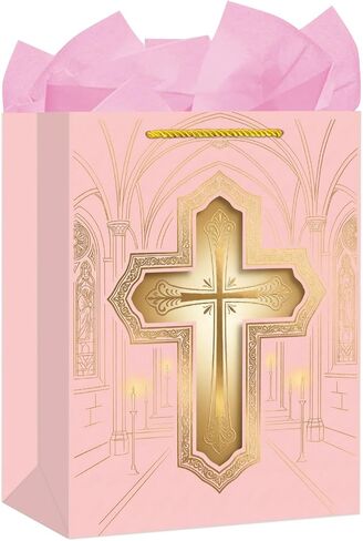 FICRAFT First Compleles Higs For Girls Boys Kids-Gold Cross Delive Gift Bag Bag Bag Paper Paper Paporting Bag مع تعميد مع Christians Easter Weddings Day Clergy in Kuwait