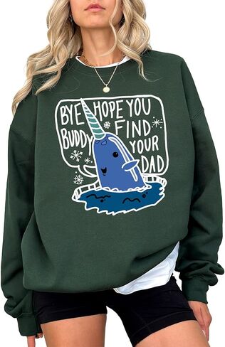 سويت شيرت CLUTCHINK Christmas Narwhal Graphic - بلوفر صوف برقبة دائرية مطبوعة للجنسين لراحة مريحة في العطلات in Kuwait