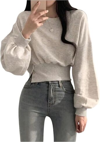 GORGLITTER Women's Dressy Crewneck Sweatshirts Lantern Long Sleeve Cinched Waist Baggy Pullover Top in Saudi Arabia