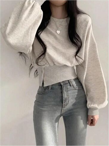 GORGLITTER Women's Dressy Crewneck Sweatshirts Lantern Long Sleeve Cinched Waist Baggy Pullover Top in Saudi Arabia
