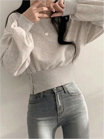 GORGLITTER Women's Dressy Crewneck Sweatshirts Lantern Long Sleeve Cinched Waist Baggy Pullover Top in Saudi Arabia