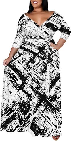 Women's Plus Size Maxi Dress Print 3/4 Sleeves V Neck Party Sundress Wedding Guest Dresses in Saudi Arabia