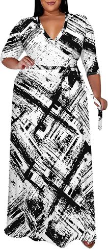 Women's Plus Size Maxi Dress Print 3/4 Sleeves V Neck Party Sundress Wedding Guest Dresses in Saudi Arabia