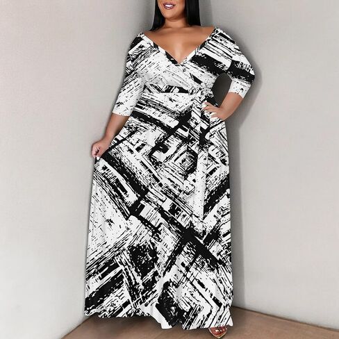 Women's Plus Size Maxi Dress Print 3/4 Sleeves V Neck Party Sundress Wedding Guest Dresses in Saudi Arabia