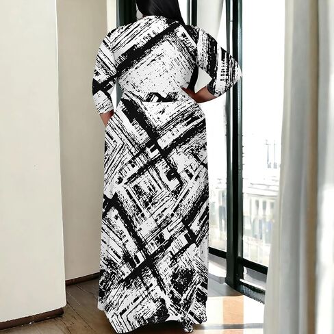 Women's Plus Size Maxi Dress Print 3/4 Sleeves V Neck Party Sundress Wedding Guest Dresses in Saudi Arabia