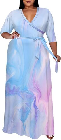 Women's Plus Size Maxi Dress Print 3/4 Sleeves V Neck Party Sundress Wedding Guest Dresses in Saudi Arabia