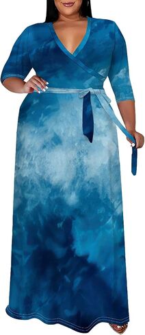 Women's Plus Size Maxi Dress Print 3/4 Sleeves V Neck Party Sundress Wedding Guest Dresses in Saudi Arabia