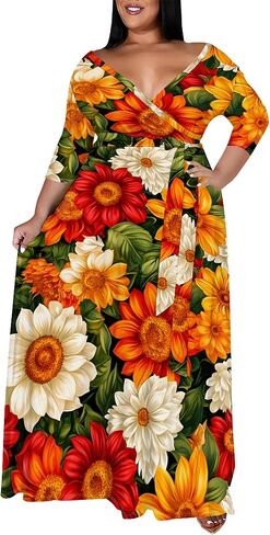 Women's Plus Size Maxi Dress Print 3/4 Sleeves V Neck Party Sundress Wedding Guest Dresses in Saudi Arabia