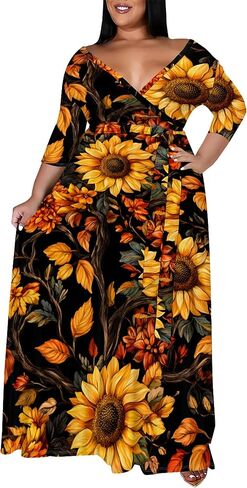Women's Plus Size Maxi Dress Print 3/4 Sleeves V Neck Party Sundress Wedding Guest Dresses in Saudi Arabia