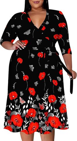 Women's Plus Size Maxi Dress Print 3/4 Sleeves V Neck Party Sundress Wedding Guest Dresses in Saudi Arabia