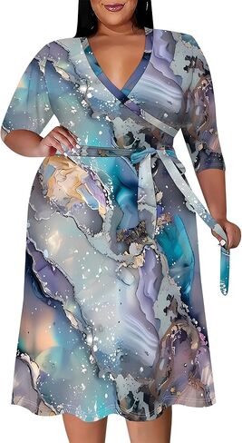 Women's Plus Size Maxi Dress Print 3/4 Sleeves V Neck Party Sundress Wedding Guest Dresses in Saudi Arabia