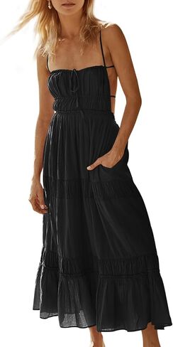 Wenrine Womens Summer Beach Dresses Backless Spaghetti Straps Self Tie Tiered Flowy Casual Maxi Dress with Pockets in Saudi Arabia