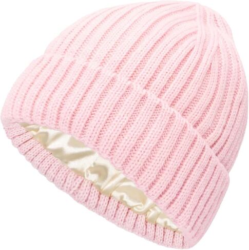 Womens Satin Lined Knit Beanie Knitted Warm Cuffed Hats Winter Thick Skull Cap in Saudi Arabia